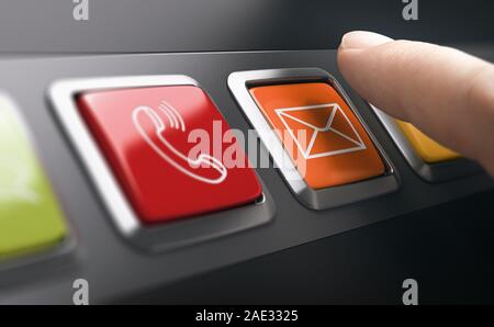 Man pressing an email button on a contact panel. Composite image between a finger photography and a 3D background. Stock Photo