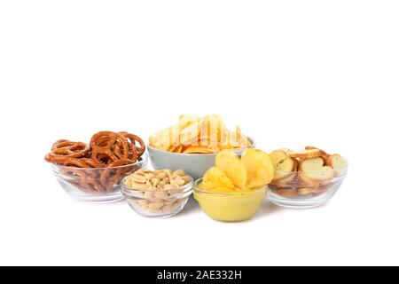Beer snacks, potato crispy chips, nuts isolated on white background, space for text Stock Photo