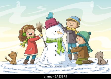 Three kids build a snowman. Hand drawn vector illustration with separate layers. Stock Vector