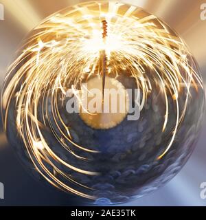 Festive Sparkler on the Blue planet. Bokeh in the form of hearts. Stock Photo