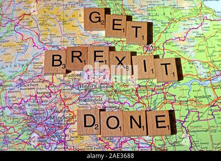 Get Brexit Done spelt in Scrabble letters on a North of England UK map - General Election, elections, party political,leaders,parties,claims,doubts Stock Photo