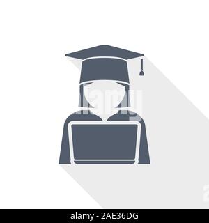 student with laptop icon, computer, education concept flat design vector illustration in eps 10 with empty copy space Stock Vector