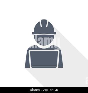 engineer with laptop icon, worker, manager concept flat design vector illustration in eps 10 with empty copy space Stock Vector