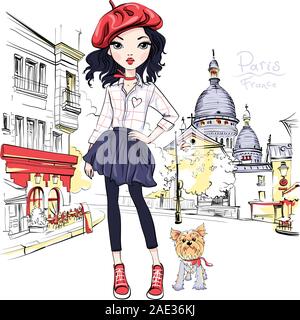 Vector cute blond girl in red beret on Place du Tertre near Sacre-Coeur, quarter Montmartre in Paris, France Stock Vector