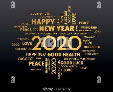 Gold greeting words around New Year date 2020, on black background Stock Vector