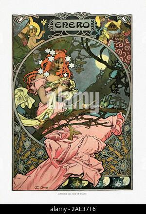 Allegorical depiction of the seasons in Art Nouveau style. Allegory of January. Album Salon. 1901. Spain, Catalonia, Barcelona Stock Photo
