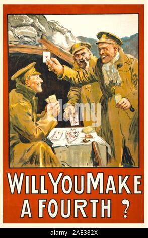 Poster showing three soldiers playing cards outside a bunker. Stock Photo