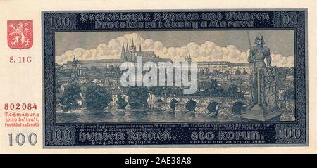 Banknote 100 CZK of Protectorate of Bohemia and Moravia. Time of German occupation. 1939-1945 Stock Photo