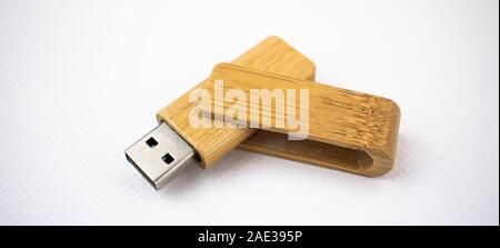 wooden memory unit with usb connection for data storage, on white background Stock Photo