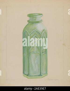 This drawing by Columbus Simpson (circa 1936) shows a glass milk bottle labelled 'Jersey'. Rendered in graphite and coloured pencil on paper, the study emphasises the bottle’s cylindrical shape, wide neck, and embossed lettering. Simpson captures the transparency of glass and the way light refracts through the bottle. Stock Photo