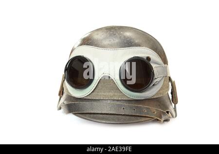 German battle helmet with protective glasses. Period of the world war II. Stock Photo