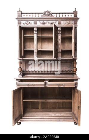 Antique open empty sideboard of the late 19th century. Isoleted path on the white background. Stock Photo