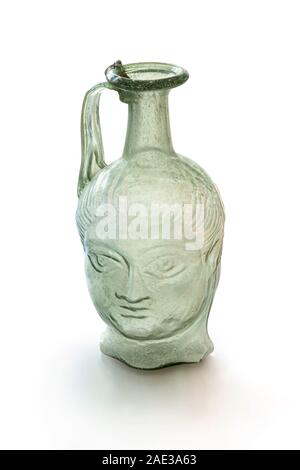 Ancient Roman double head barrel with handle. Mould-blown Glass. 3rd-4th century A.D. Clipping path for design purpopes. Stock Photo