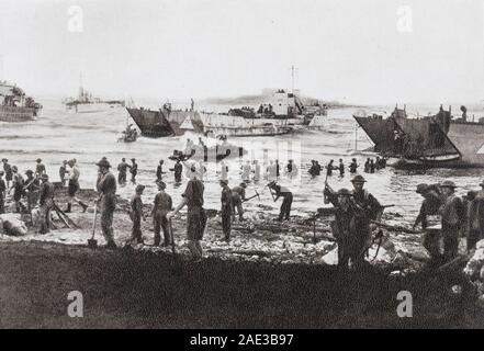 The Allied invasion of Sicily. On July 10, 1943, at dawn, allied forces invaded Sicily. Men and mareriel flock to the beaches. In a matter of hours, a Stock Photo