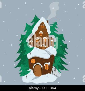 Fairytale house in winter among Christmas trees and snow. Cartoon illustration. Two-storey snow-covered house with a chimney and smoke, stair and foot Stock Vector