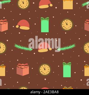 A seamless New Year pattern on a beige background with spruce branches, gift, Santa Claus hat, clock, snow. Paper packaging, print for fabric, bright Stock Vector
