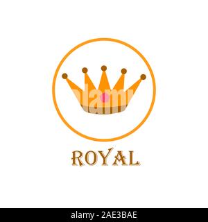 Icon of the gold crown in a circle with the inscription royal on white background. Cartoon style illustration. Logo for companies and business Stock Vector