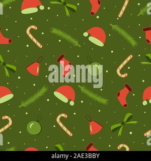A seamless New Year pattern on a green background with spruce branches, toys, Santa Claus hat, lollipop cane, bow. Paper packaging, print for fabric, Stock Vector