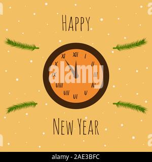Clock on a beige background with a new year inscription and spruce branches. The clock shows five minutes to midnight. Frame of fir branches. Snow. Me Stock Vector