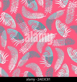 Seamless pattern with blue tropical leaves on the pink background. Stock Vector