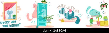 Set of hand-drawn funny cats that are naughty at home. Stock Vector