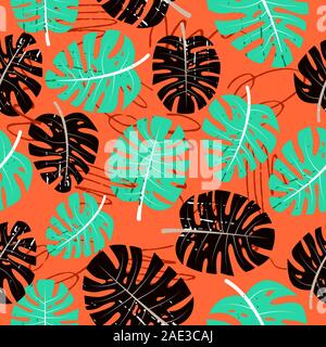 Seamless pattern with tropical leaves and hand-drawn blotches and marker strokes. Stock Vector