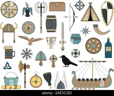 Set of flat Viking elements. Scandinavian culture and traditions. Stock Vector