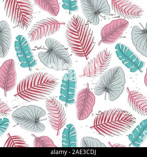 Seamless pattern with tropical leaves and hand-drawn blotches and marker strokes. Stock Vector