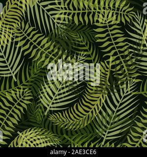 Seamless pattern with green tropical leaves on the dark background. Stock Vector