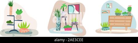 Set of hand-drawn flat interiors with house plants. Stock Vector