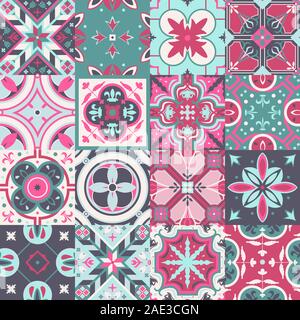 Set of bright vector tiles with an ornament to create patterns. Stock Vector