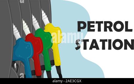 Vector isolated illustration with petrol guns in a petrol pump. Space for text. Stock Vector