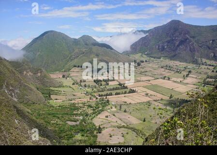 Patchwork quilt agriculture inside of the Pululahua Crater, Pululahua Geobotanical Reserve, Ecuado Stock Photo