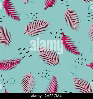 Seamless pattern with tropical leaves and hand-drawn blotches and marker strokes. Stock Vector