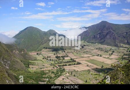 Patchwork quilt agriculture inside of the Pululahua Crater, Pululahua Geobotanical Reserve, Ecuado Stock Photo