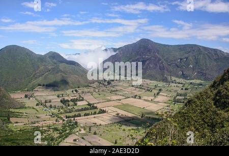 Patchwork quilt agriculture inside of the Pululahua Crater, Pululahua Geobotanical Reserve, Ecuado Stock Photo