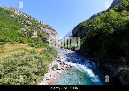 Mountainous landscape with green forests and clear rivers in the northern Dinaric Alps in Albania