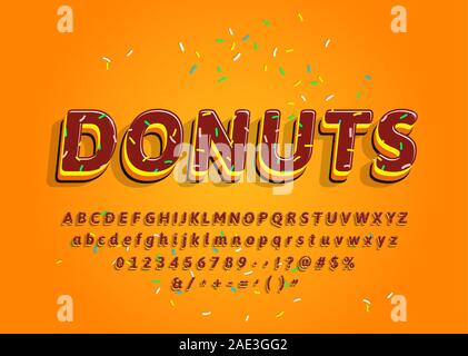 Donuts hand drawn decorative alphabet with colored topping. Cartoon sweet letters and numbers. Vector Stock Vector