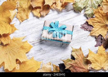 Flat lay autumn composition with gift box Stock Photo