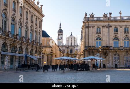 Nancy, France - August 31, 2019: Central square Place Stanislas and Notre-Dame Cathedral of Nancy, Lorraine, France Stock Photo