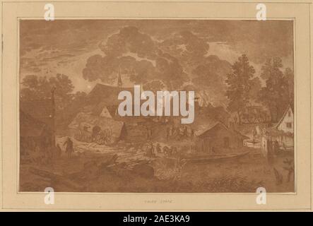 Village with Pond; circa 1782 date Cornelis Ploos van Amstel and Cornelis Brouwer after Allart van Everdingen, Village with Pond, c 1782 Stock Photo