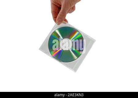 male hand holding CD with transparent case isolated on white background Stock Photo