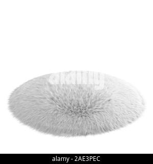 Round white carpet made of sheepskin wool on isolated background. 3D rendering Stock Photo