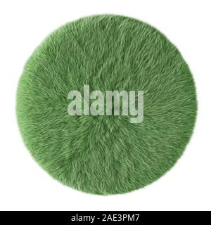 Round green carpet made of sheepskin wool on isolated background. 3D rendering Stock Photo