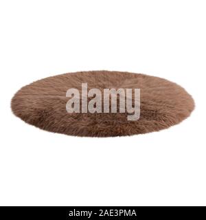 Round brown carpet made of sheepskin wool on isolated background. 3D rendering Stock Photo