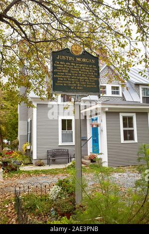 Woodstock, Vermont - September 30th, 2019:  Historical marker of Justin Morgan in the historic New England town of Woodstock. Stock Photo