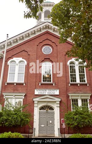 Woodstock, Vermont - September 30th, 2019:  Windsor County Courthouse on a cool Fall day in the historic New England town of Woodstock. Stock Photo