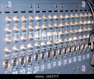 Mixing Sockets. Connections of a sound equipment proffesional xlr audio patch panel. Stock Photo