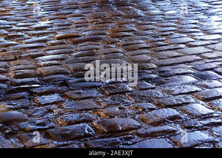 A section of road in Leeds made from Setts . Stock Photo