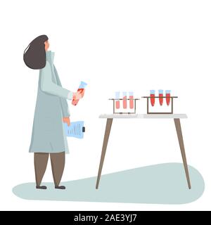 Young blood researcher character standing  with flake and documents in her hands near her desk with set of vials. Female scientist in lab. Young docto Stock Vector